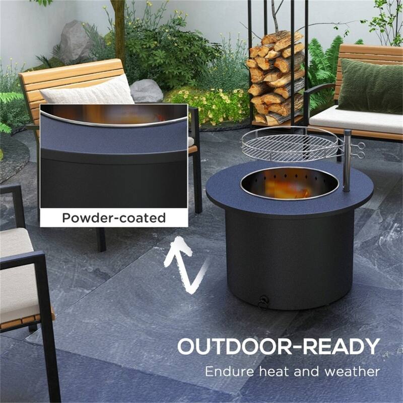 Outdoor Fire Pit and BBQ Pit Black Stainless Steel Smokeless Fire Pit with Grill Grate Poker and Ash Tray 25 Inch - Black