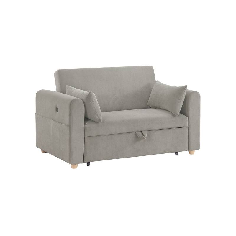 Marielle 55"W Corduroy Convertible Sleeper Loveseat with USB Ports, Magazine Pockets, and Pillows