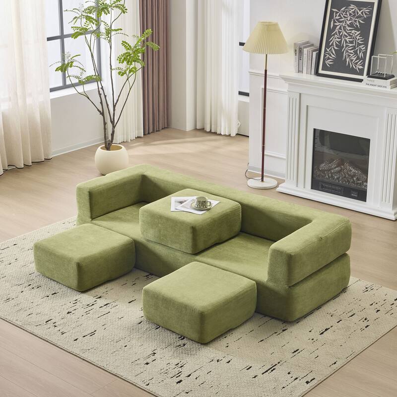 Convertible Sectional Sofa with 3 Storage Ottomans - Green Chenille Sleeper for Small Spaces