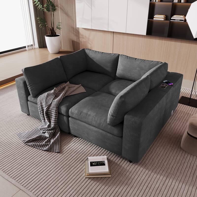 4-Seater Upholstered Modular Sofa with USB Ports & Wireless Charging for Livingroom Polyester Convertible Sofa