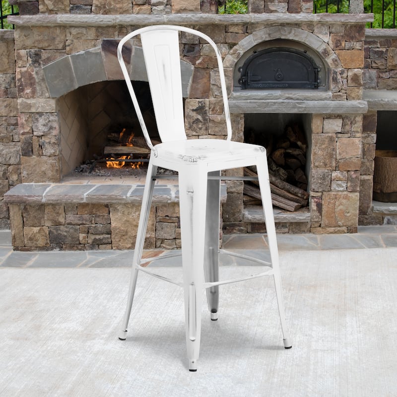 30" High Distressed Metal Indoor-Outdoor Barstool with Back - 18"W x 19"D x 46"H - White