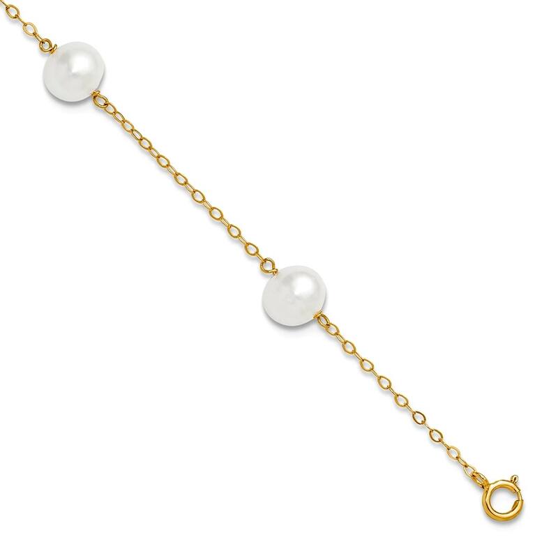 Curata Solid 14K Yellow Gold 9" or 10" 7-8mm Freshwater Cultured Pearl 5-station Anklet