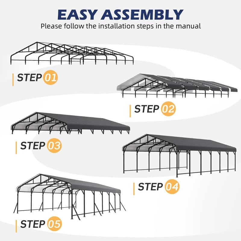 Erommy Outdoor Carport with Galvanized Steel Roof, Heavy-Duty All-Weather Shelter for Cars, Boats and Equipment