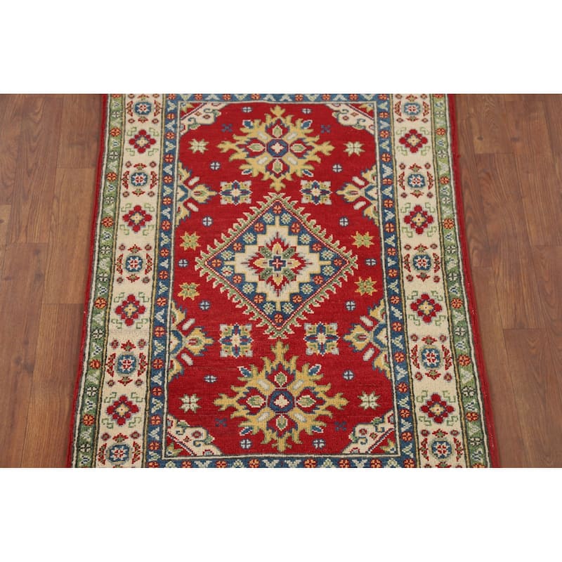 Red Geometric Kazak Foyer Rug Handmade Traditional Wool Carpet - 2'10" x 4'1"