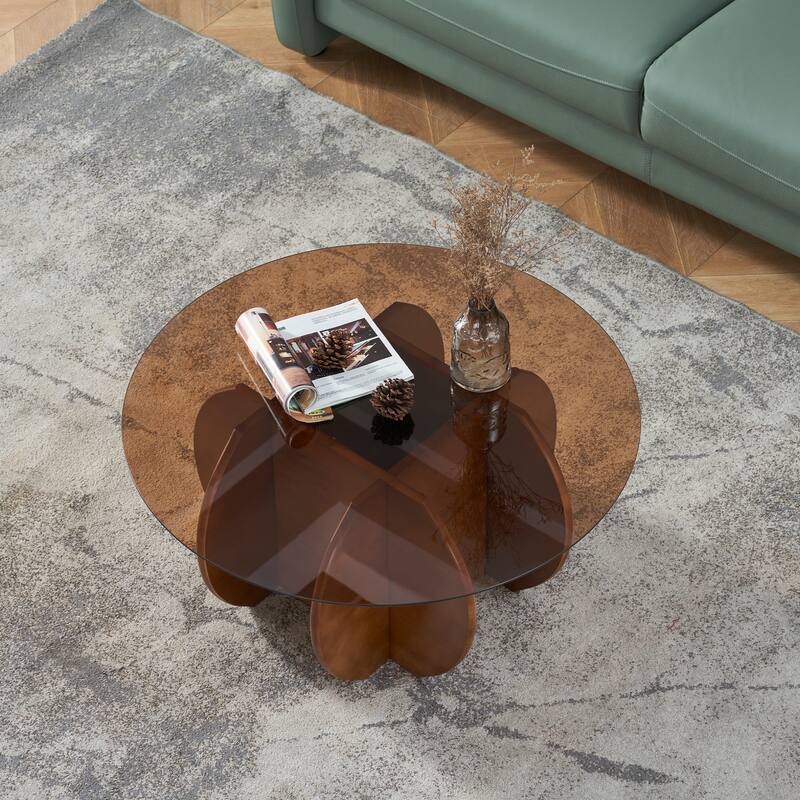 CAROCC Modern Round Table Glass Top Wooden Base Petal - Shaped Legs Dining Living Room Stylish Sturdy
