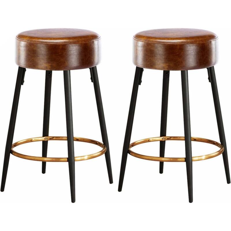 Counter Height Bar Stools Set of 2, PU Kitchen Stools Upholstered Dining Chair Stools 24 Inches Height with Golden Footrest - Black and Silver