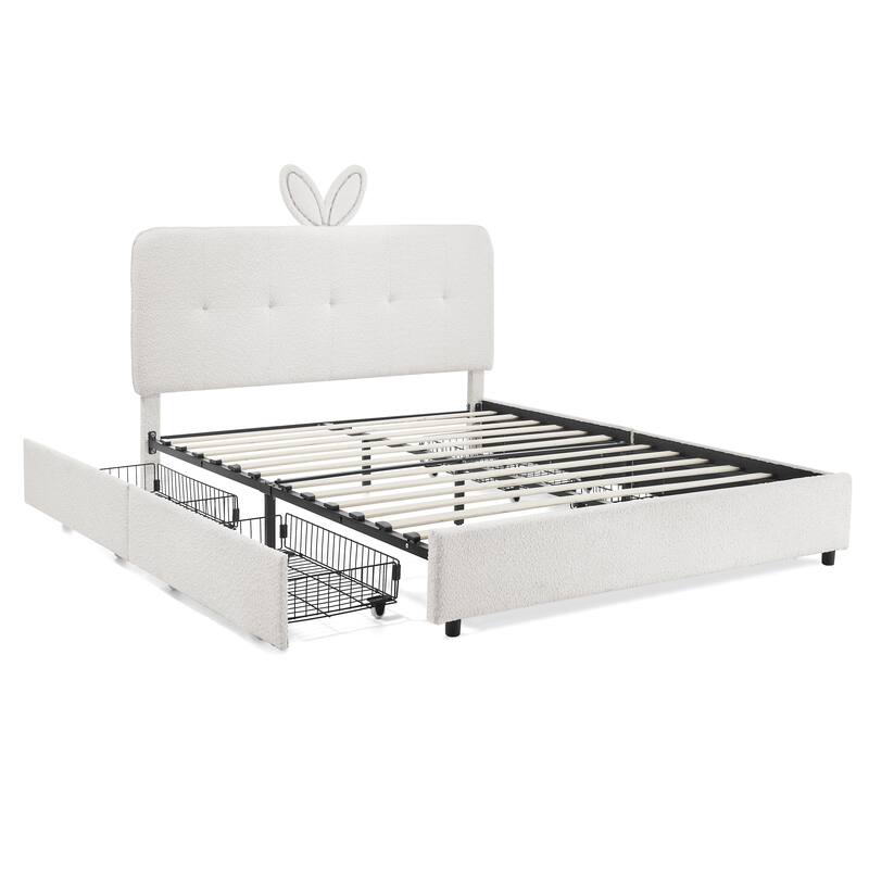 Kids Boucle Upholstered Bed with Rabbit Ear Headboard, LED Music Sync & 4 Drawers