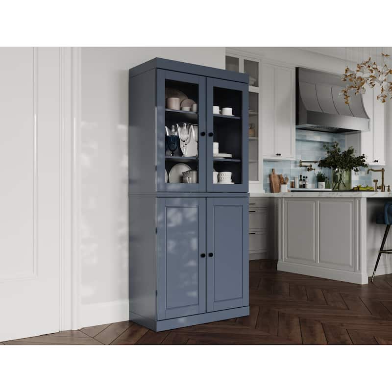 Palace Imports 100% Solid Wood Pantry Cabinet with Frosted, Clear Glass or Solid Doors and Adjustable Shelves - Antique Blue - Clear Glass-Solid