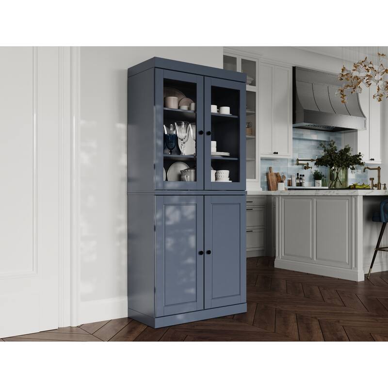 Palace Imports Solid Wood Pantry Cabinet, Raised Panel & Clear Glass Doors, 2 Drawers, Adjustable Shelves