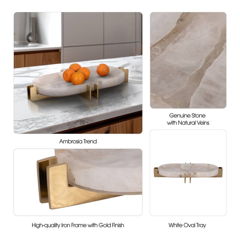 Sagebrook Home Quartz-Inspired 14" White Stone Tray With Gold Iron Details, Trays and Plates, Solid White - 14" x 8" x 2"