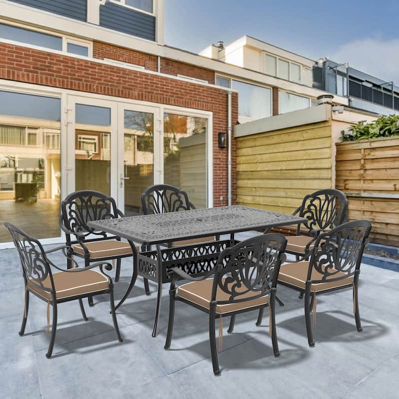 5/7-Piece Cast Aluminum Outdoor Dining Set with 58.27'' L X 34.65'' W Rectangular Table and Seat Cushions