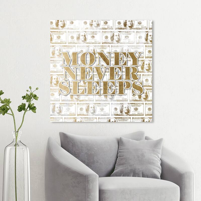 Hatcher and Ethan Prints 'Money Never Sleeps Gold' Typography and Quotes Gold Wall Art Canvas Print - 30 x 30