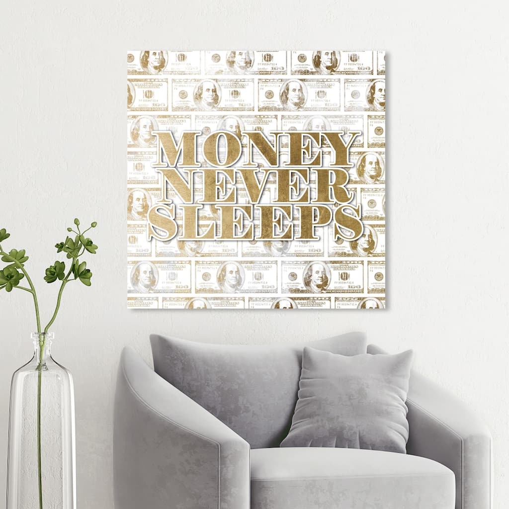 Hatcher and Ethan Prints 'Money Never Sleeps Gold' Typography and Quotes Gold Wall Art Canvas Print