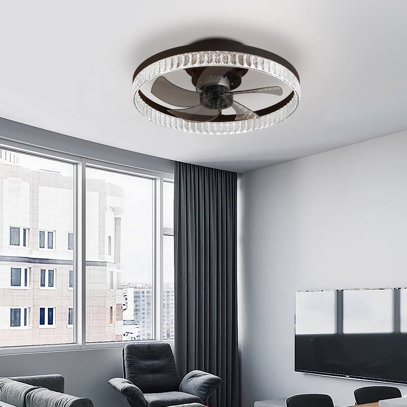 20" Brown Ceiling Fan with LED Light - Modern Flush Mount Fan Light for Bedroom, Living Room