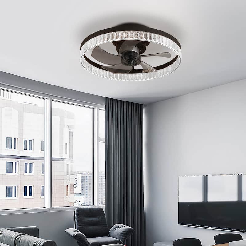 Crystal Ring Design Ceiling Fan with LED Light, 20" Flush Mount Ceiling Fan Fandelier with Remote Control, 6 Speeds