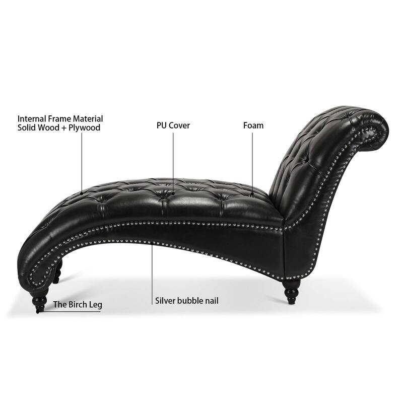 Black PU Modern 27.17" Upholstered Buttons Tufted Chaise Lounge Chair with Solid Wood Frame and Nailheads