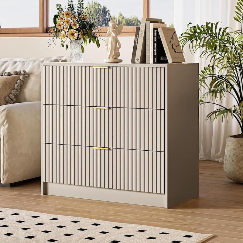3 Drawer Fluted Dresser, 32 Inch Wide Nightstand with Large Drawer End Table for Bedroom