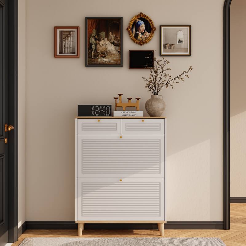 Narrow Shoe Cabinet with 2 Flip-Up Doors & 2 Drawers, Freestanding Entryway Shoe Organizer, Shoe Rack with Natural Wood Legs - Natural+White