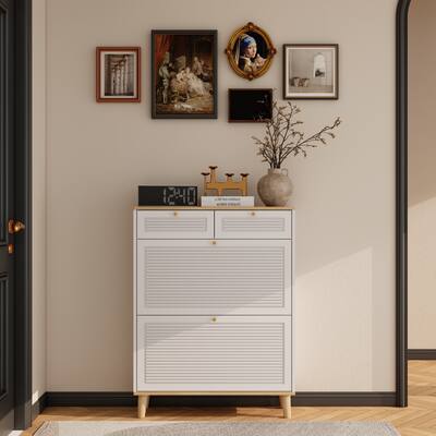 Narrow Shoe Cabinet with 2 Flip-Up Doors & 2 Drawers, Freestanding Entryway Shoe Organizer, Shoe Rack with Natural Wood Legs
