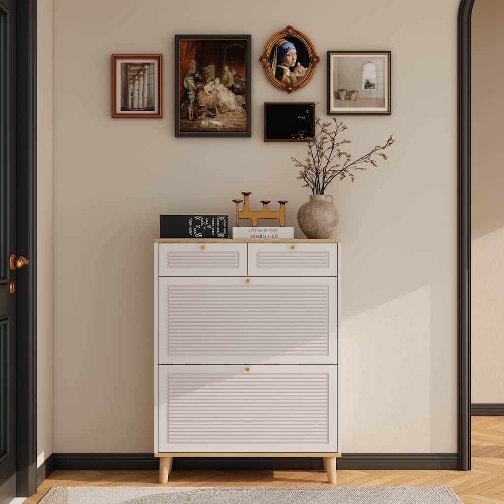 Narrow Shoe Cabinet with 2 Flip-Up Doors & 2 Drawers, Freestanding Entryway Shoe Organizer, Shoe Rack with Natural Wood Legs