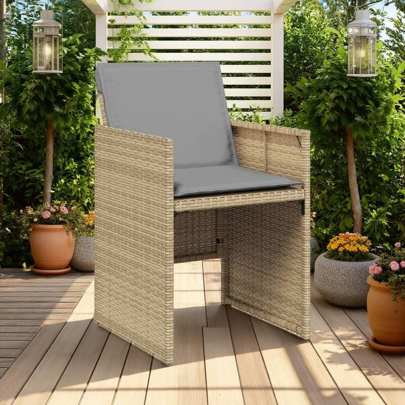 Outdoor Accent Chair Set of 4, Beige Rattan, Gray High Back Cushions