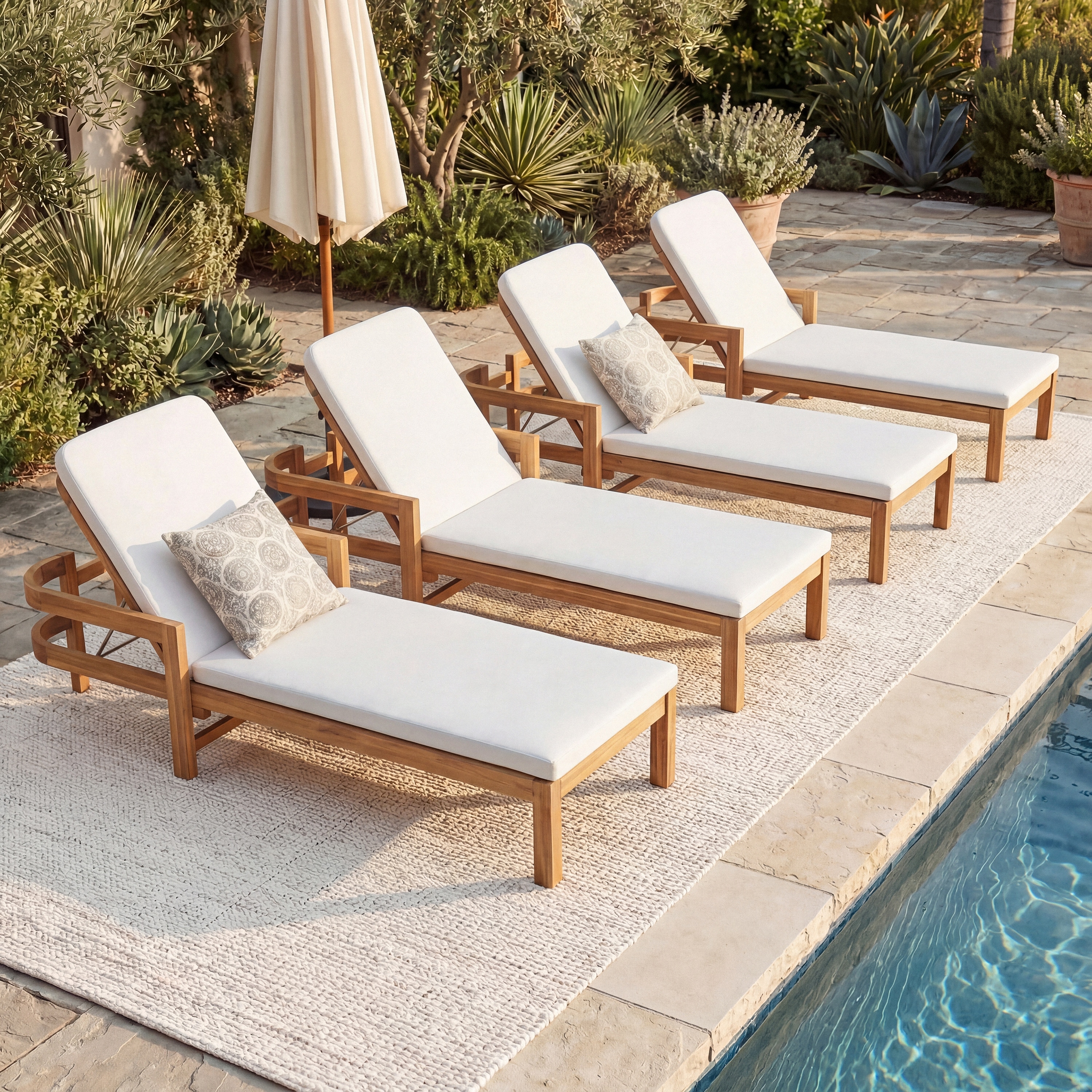 Christopher Knight Home - Mercer Outdoor Set of 4 Chaise Lounge with Adjustable Acacia Wood Backrest & Water-Resistant Cushion