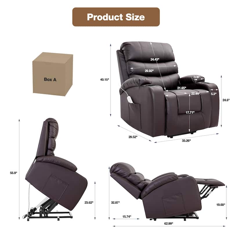 Oversized Power Lift Recliner Chair with Massage & Heat, PU Leather, USB Port, Cup Holders & Pockets