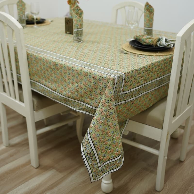 Fabdivine Floral Cotton Table Cover or Cloth Handmade Block Print for Dining & Home Décor Accent