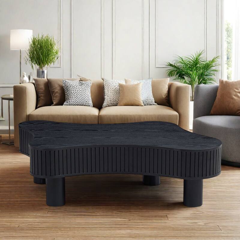 42.52" Solid Wood Modern Irregular-Shaped Coffee Table with Solid Wood Pedestal Base - Black