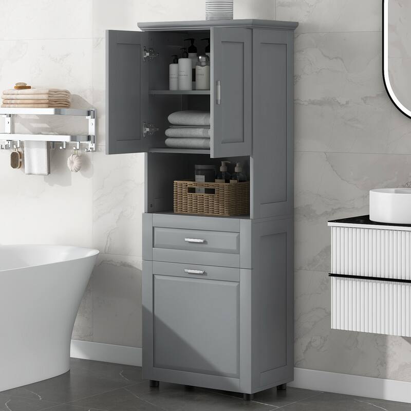 GDFStudio - Harper Elms Tall Bathroom Storage Cabinet with Tilt-Out Laundry Hamper and Upper Organizer