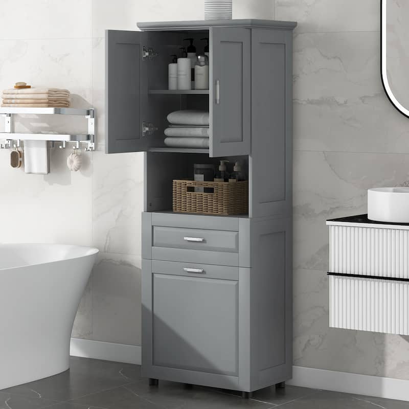 Waterproof Bathroom Cabinet with Tilt-Out Laundry Basket, Large Double Door Storage Cabinet with Adjustable Shelf and Drawer