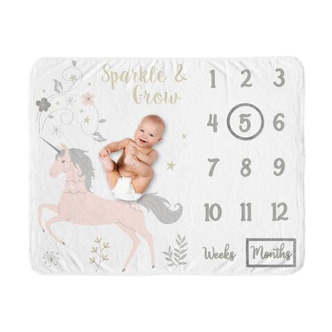 Unicorn Collection Girl Baby Monthly Milestone Blanket - Blush Pink Grey and Gold Flowers and Stars Sparkle and Grow
