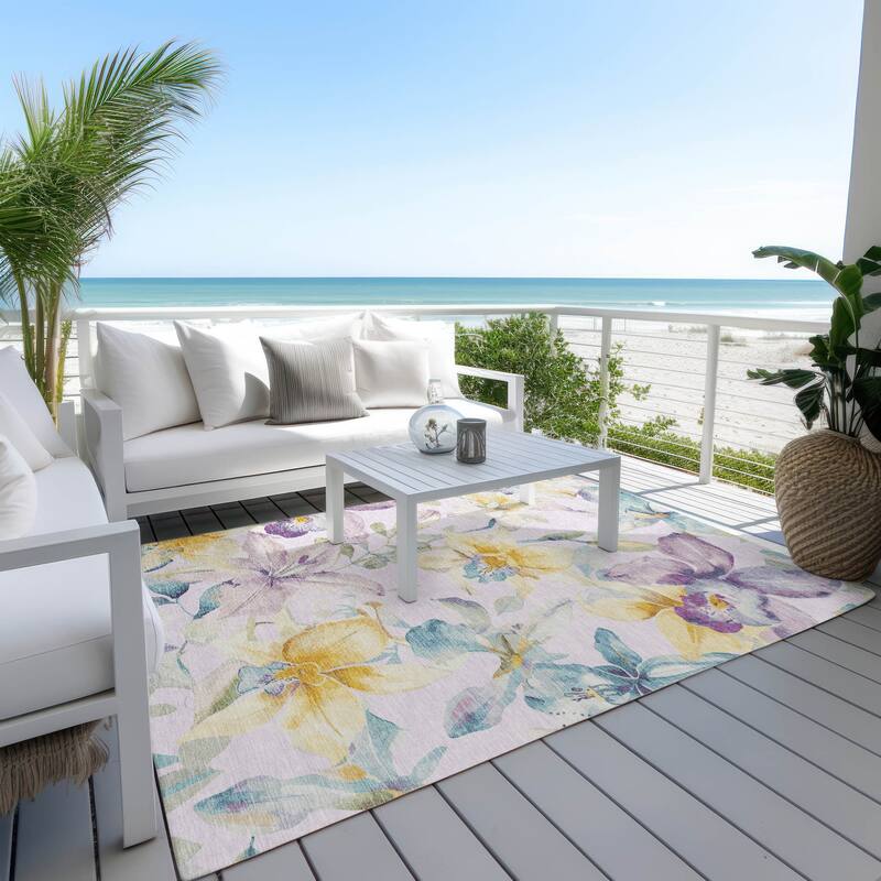 Machine Washable Indoor/ Outdoor Modern Floral Chantille Rug