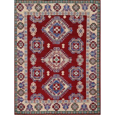 Red Geometric Kazak Rug Hand-Knotted Wool Carpet - 5'3" x 6'5"