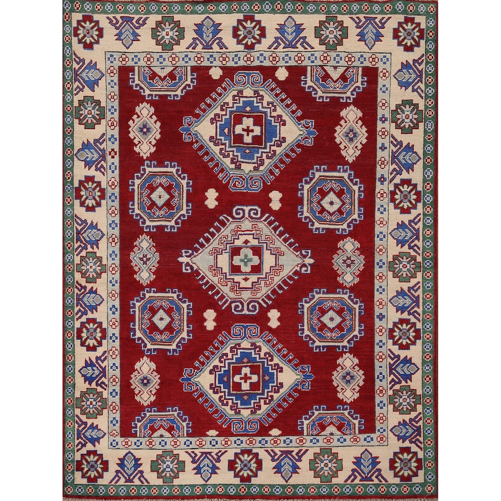 Red Geometric Kazak Rug Hand-Knotted Wool Carpet - 5'3" x 6'5"