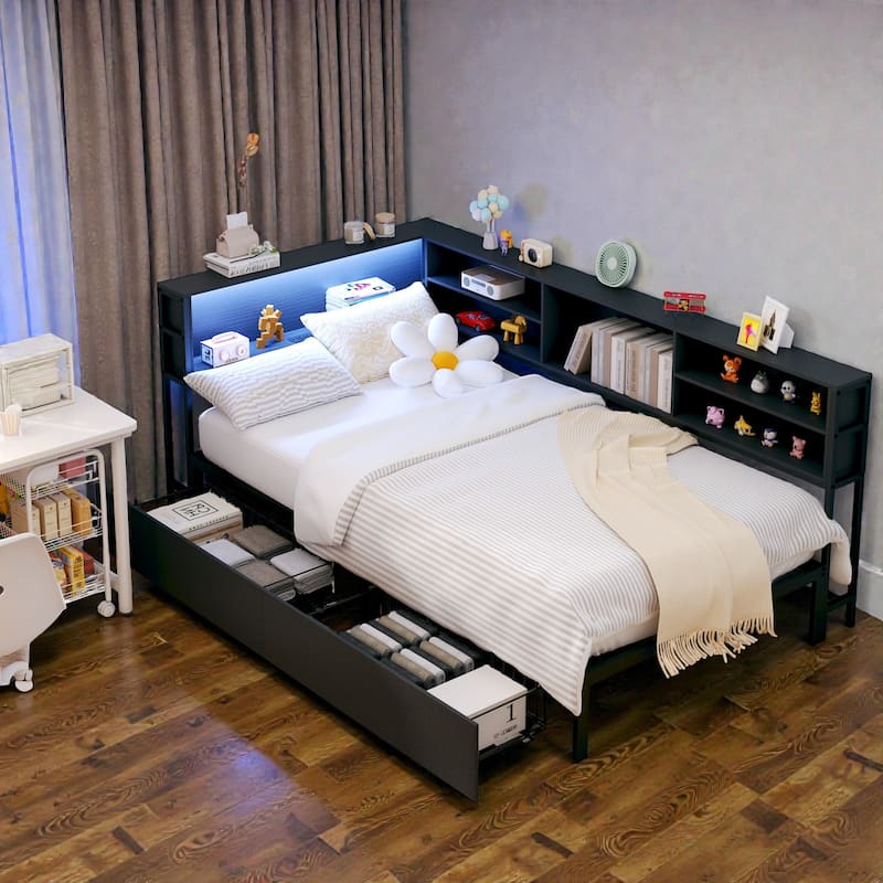 Corner Daybed with Storage Drawers and Bookcase Headboard, LED Light, USB Charging Station, No Box Spring Needed