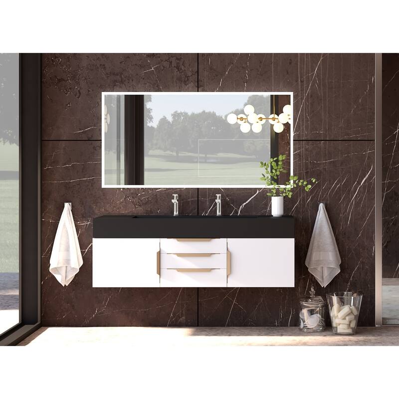 Nile 60" Wall Mounted Bathroom Vanity Set w/ Black Top