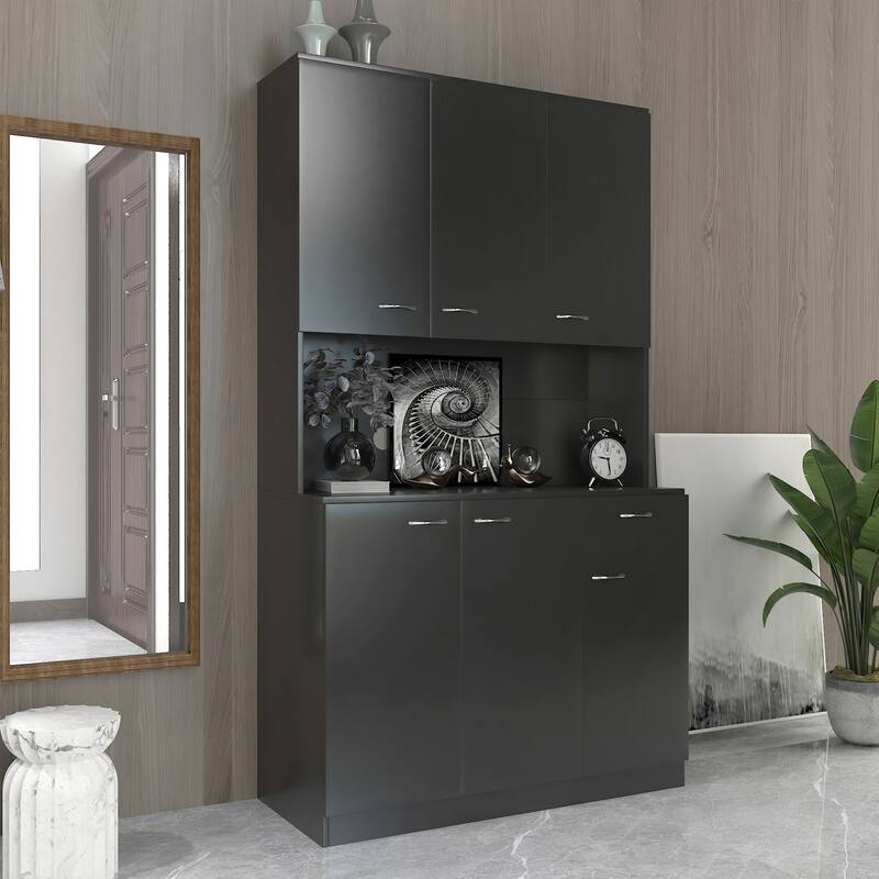 6-Doors Wardrobe Armoires / Kitchen Cabinet with Shelves & Drawer - Black