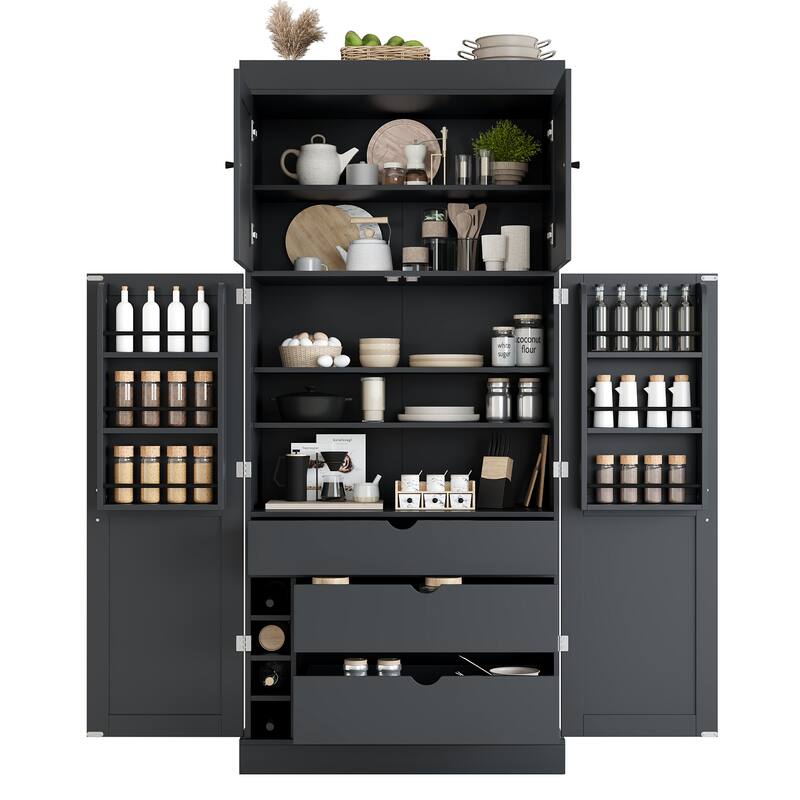 77" Tall Buffet Sideboard Storage Cabinet for Dining Room, Freestanding Kitchen Pantry Cabinetwith Drawers and Wine Racks