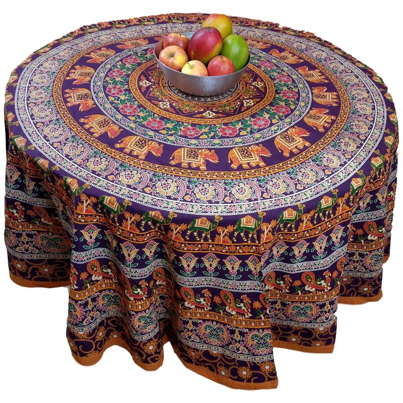 Cotton Compassionate Elephant Floral Tablecloth Round - 81-in Round