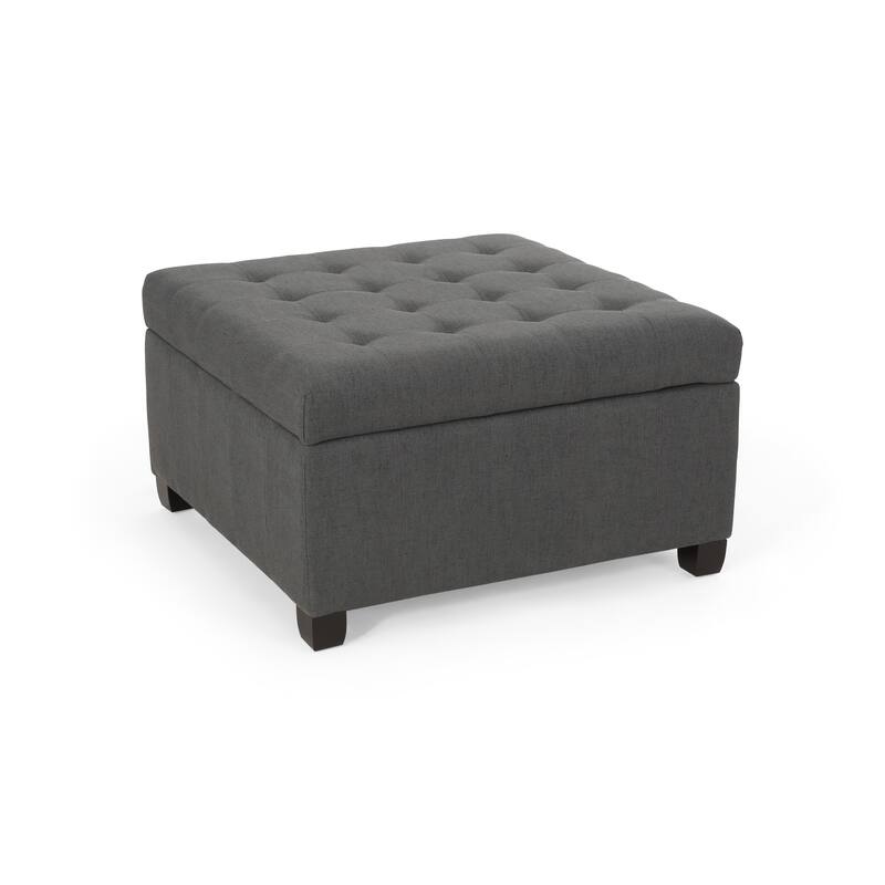 Upholstered Tufted Fabric Storage Ottoman with Birch Wood Legs