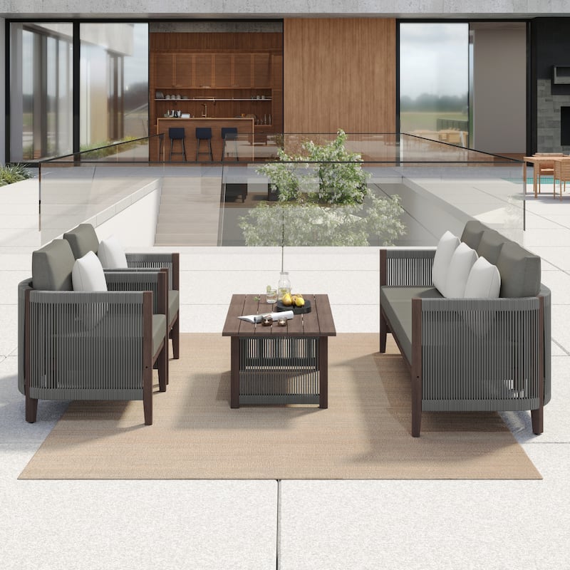 Corvus Iona 4-piece Patio Eucalyptus Wood and Rope Sofa Seating Set with Sunbrella Fabric
