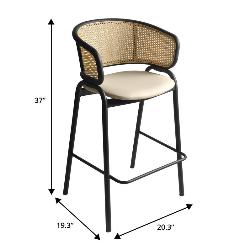 Ervilla Mid-Century Modern Low-Back Wicker Bar Stool with Fabric Seat and Black Powder Coated Steel Frame for Kitchen - 37"