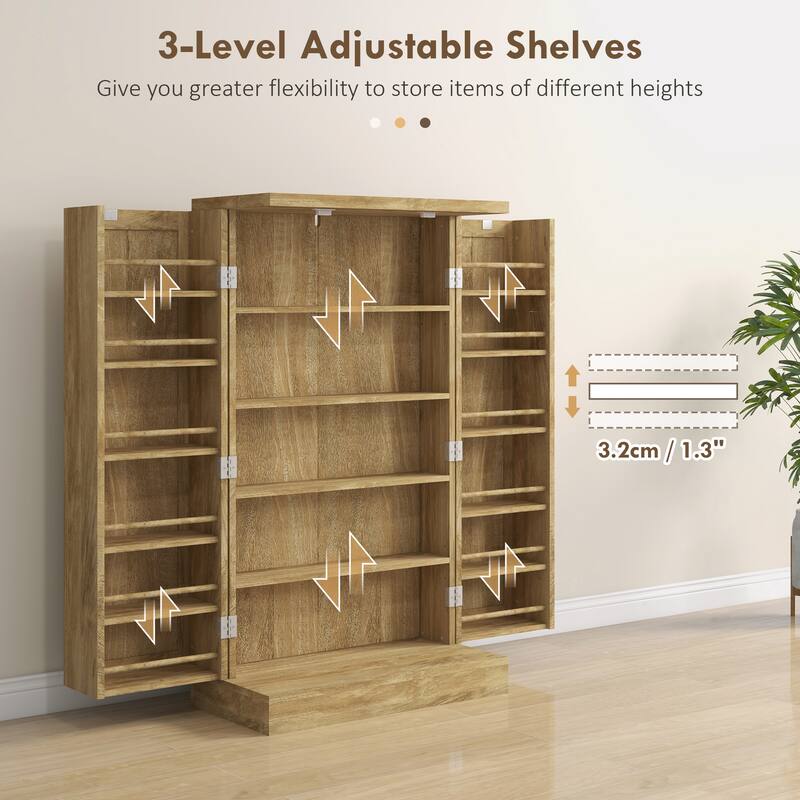 Natural 5-Tier Kitchen Pantry Cabinet with Adjustable Shelves Spice Racks and Magnetic Doors - 23.6" W x 11.8" D x 40.9" H