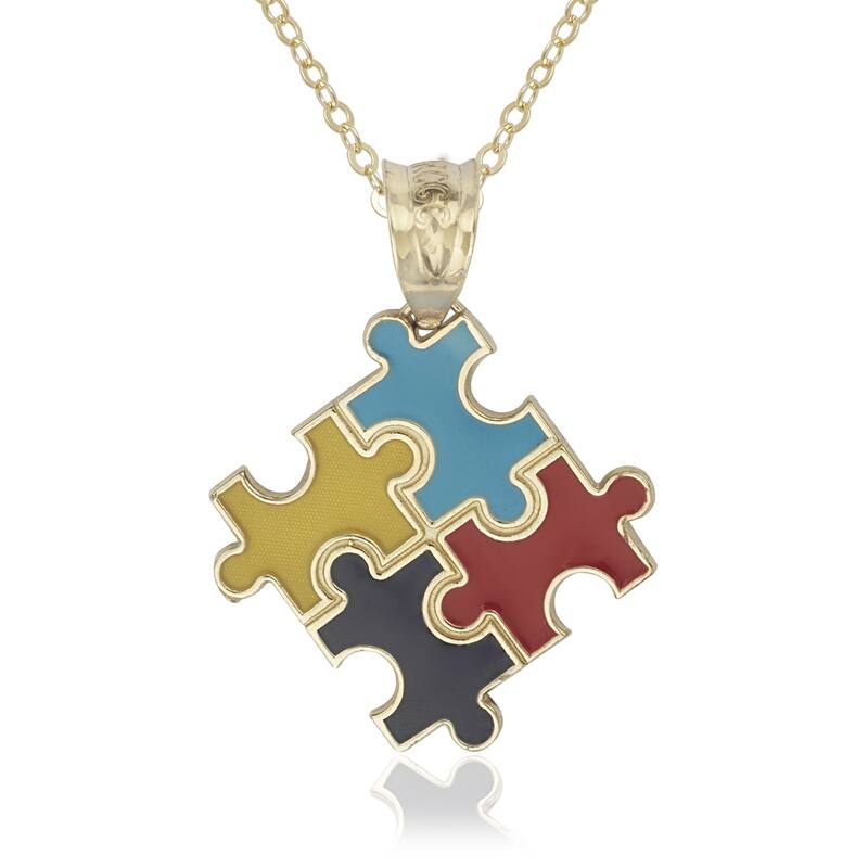 Curata 14k Yellow Gold 18" Enamel Autism Awareness Puzzle Pendant Necklace Necklace