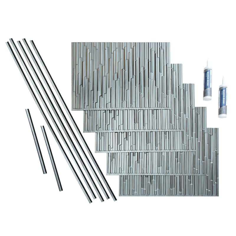 FASÄDE Skyline Decorative Vinyl Backsplash Panel - 15 Sq Ft Kit - Brushed Steel