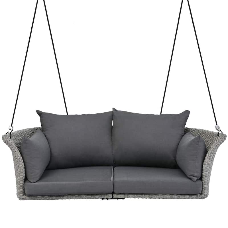 2-Person Porch Swing Bench, PE Rattan Outdoor Swing Chair w/ Comfortable Seat & Back Cushions, Patio Loveseat Swing for Balcony
