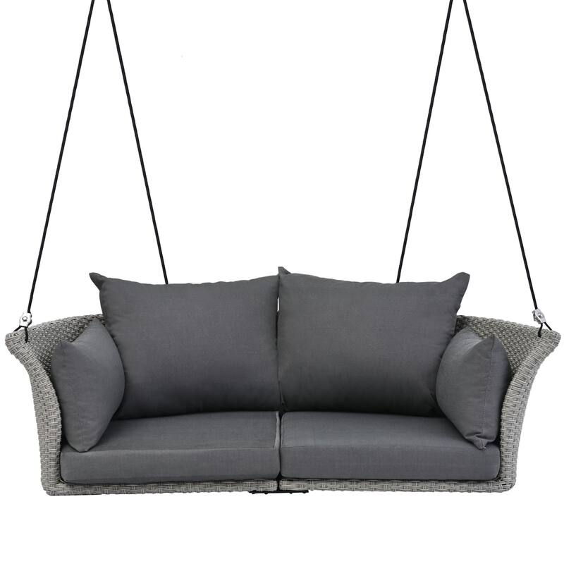 All-Weather Woven Swing Chair for Two, Outdoor Hanging Chair with Adjustable Ropes & Waterproof Cushions