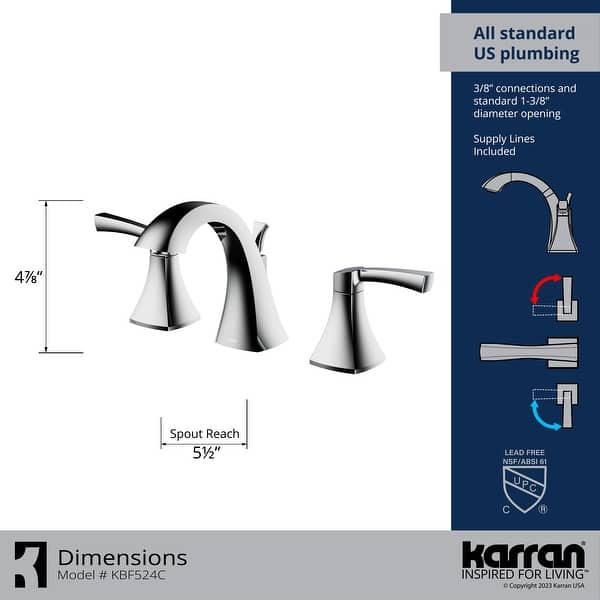 dimension image slide 2 of 4, Karran Randburg KBF524 2-Handle Three Hole Widespread Bathroom Faucet with Matching Pop-up Drain