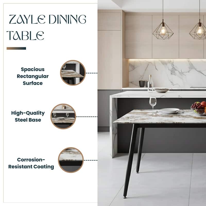 Zayle Rectangular Dining Table with Glass/Sintered Stone Tabletop in Steel